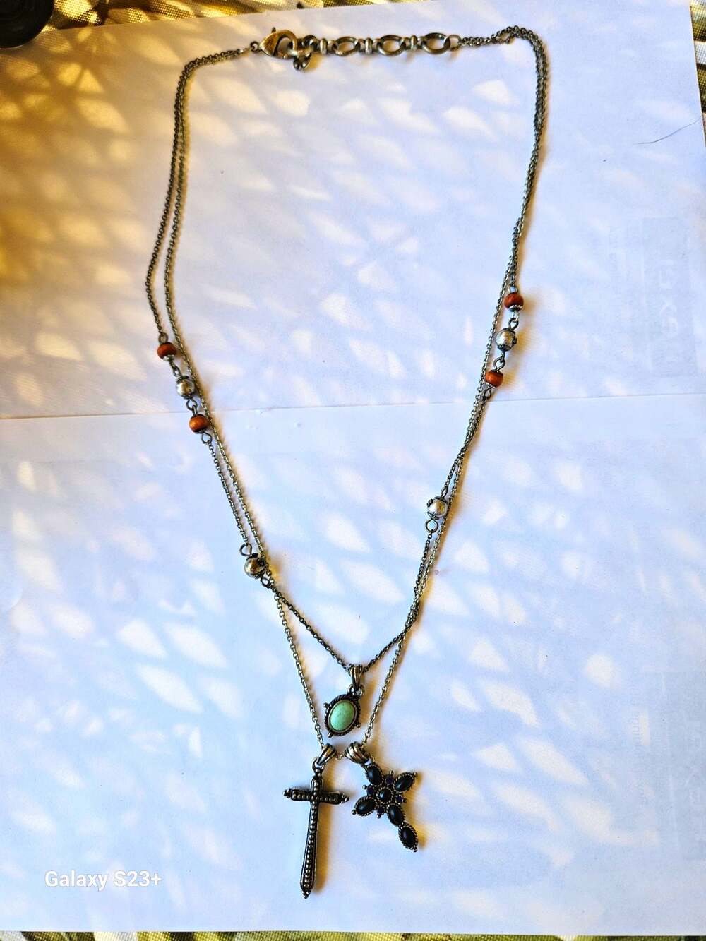 Lucky Silver-Tone Layered Cable Chain Necklace Cross Charms & Green Oval Pendant